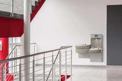 Spacious wide Hallway of modern university with marble floor