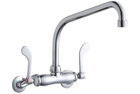Foodservice 3-8" Adjustable Centers Wall Mount Faucet w/10" High Arc Spout 4" Wristblade Handles 2in Inlet