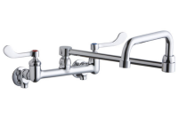 Foodservice 8" Centerset Wall Mount Faucet w/8" Dble Swing Spout 4in Wristblade Handles 1/2 Offset Inlets and Stop