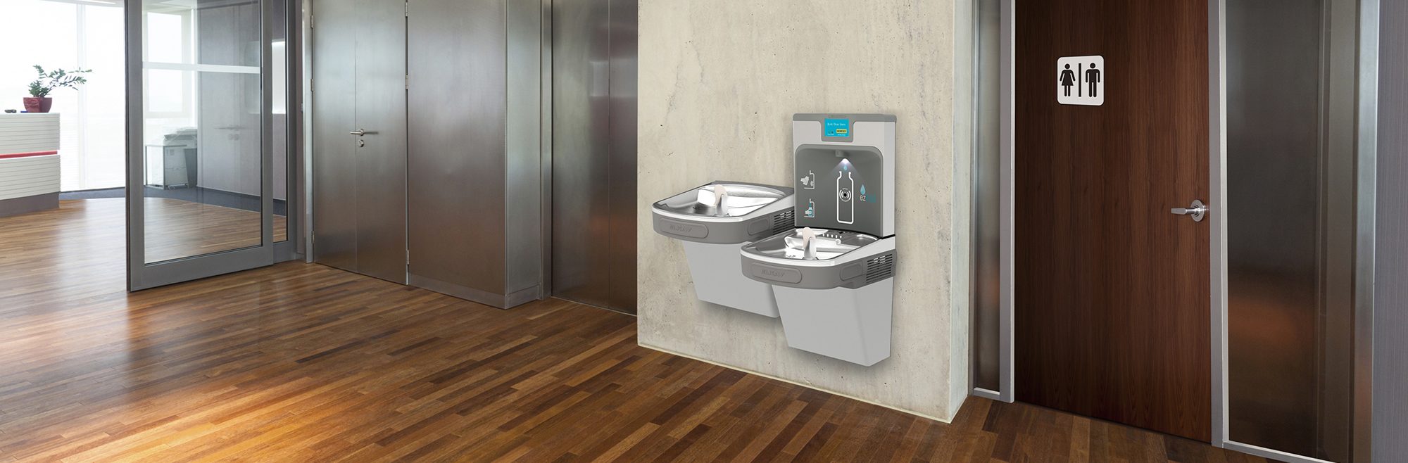 Enhanced ezH2O Bottle Filling Station, & Versatile Bi-Level ADA Cooler, Filtered Refrigerated Light Gray Hall in office