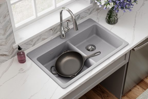 Quartz Classic Double Bowl Drop-in ADA Sink with Perfect Drain Greystone