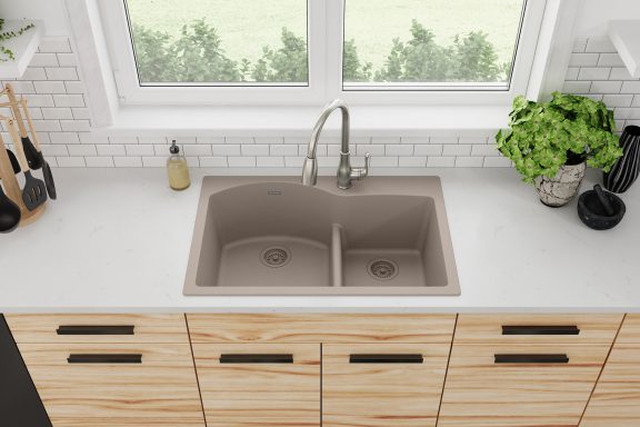 Quartz Classic Offset Double Bowl Undermount Sink with Aqua Divide Greige