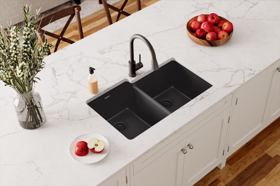 Quartz Classic Offset Double Bowl Undermount Sink with Aqua Divide Black