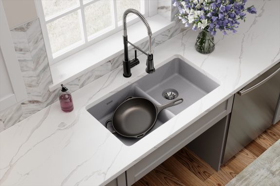 Quartz Classic Double Bowl Drop-in ADA Sink with Perfect Drain Greystone