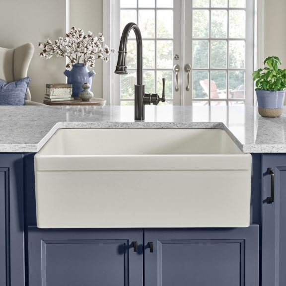 Biscuit Farmhouse Fireclay Sink in Kitchen