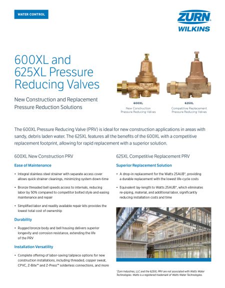 600XL and 625XL Pressure Reducing Valve